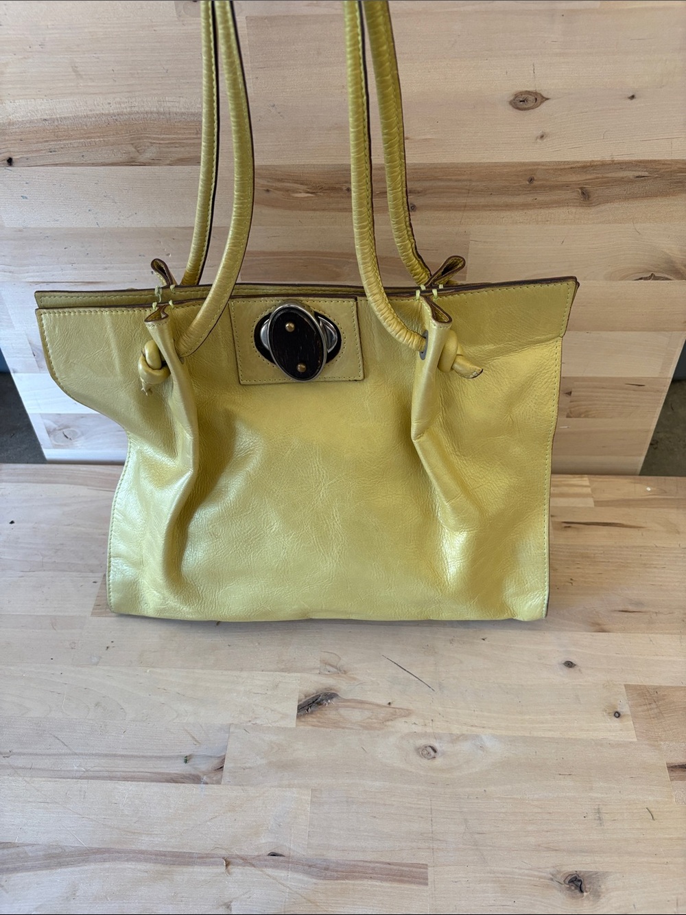 Lime Yellow Leather Tote with Turn-Lock Detail
